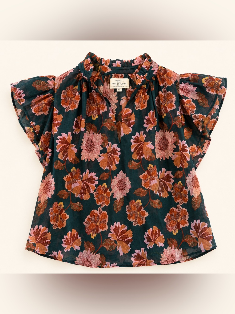 Birds of Paradis by Trovata XS Floral Clover Flutter Sleeve Blouse Green Pink